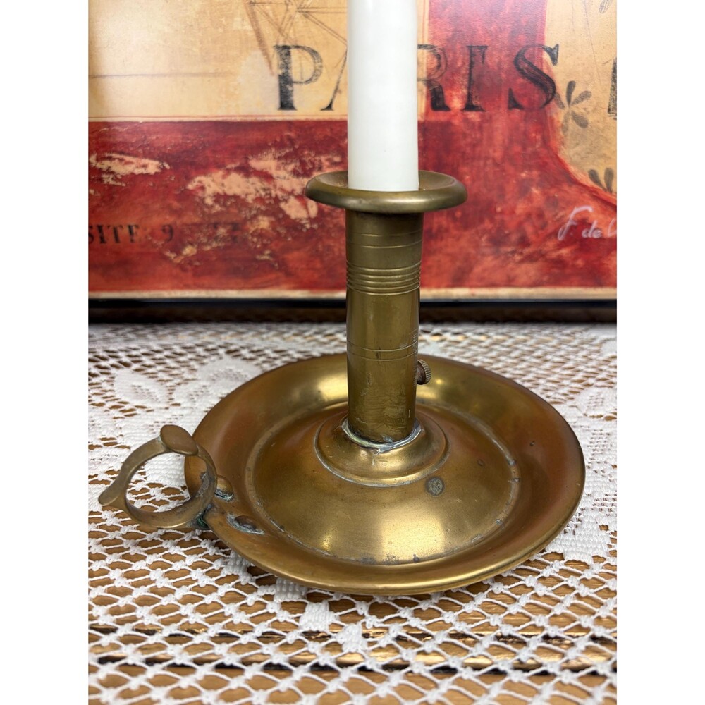 Victorian Brass Push Up Chamberstick Candle Holder Finger Loop Antique